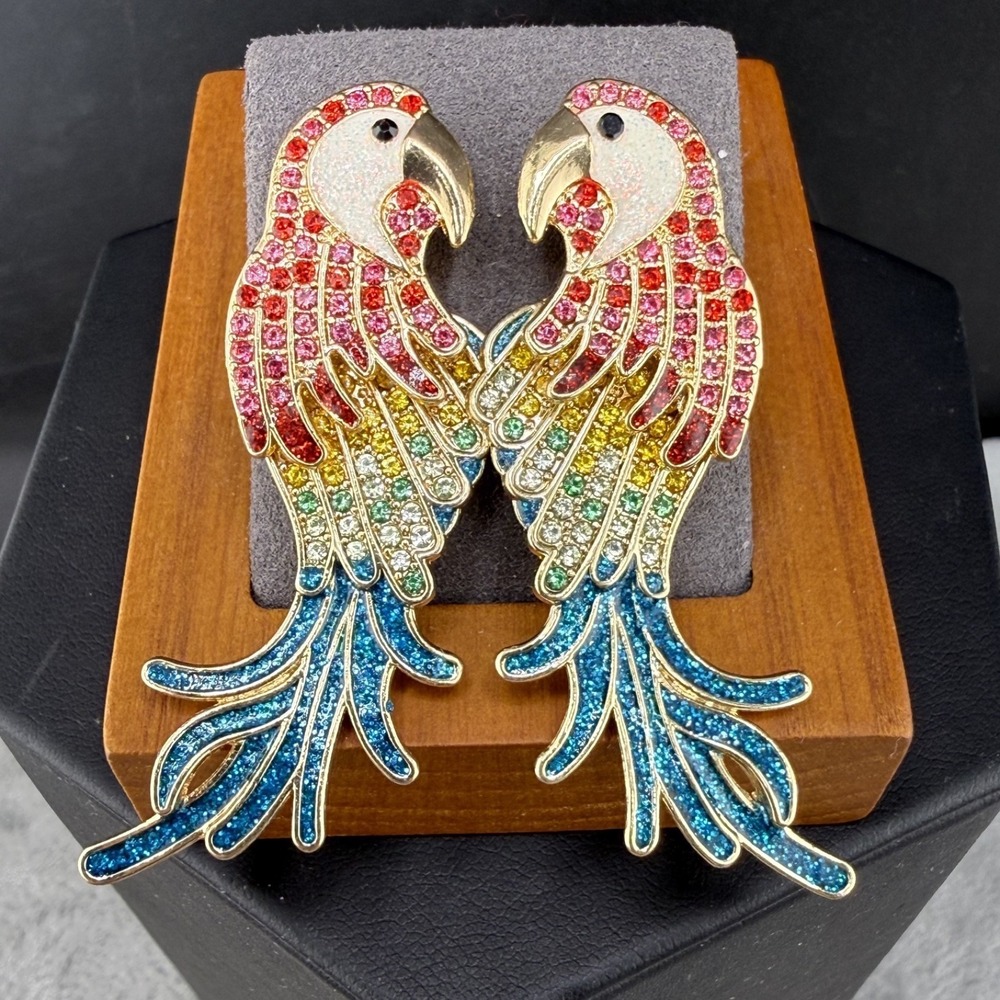 Sugarfix Rhinestone Parrot Pierced Earrings Gold Tone Bird‎  Signed